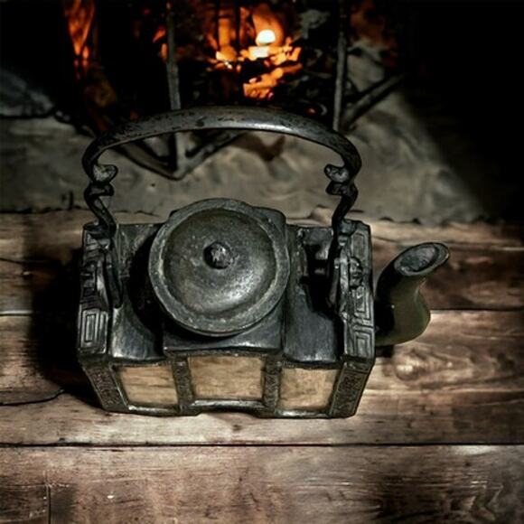 Antique Chinese Shantou Teapot & Tea Caddy-Lithograph Glass Panels-Metal-Asian - Picture 5 of 14